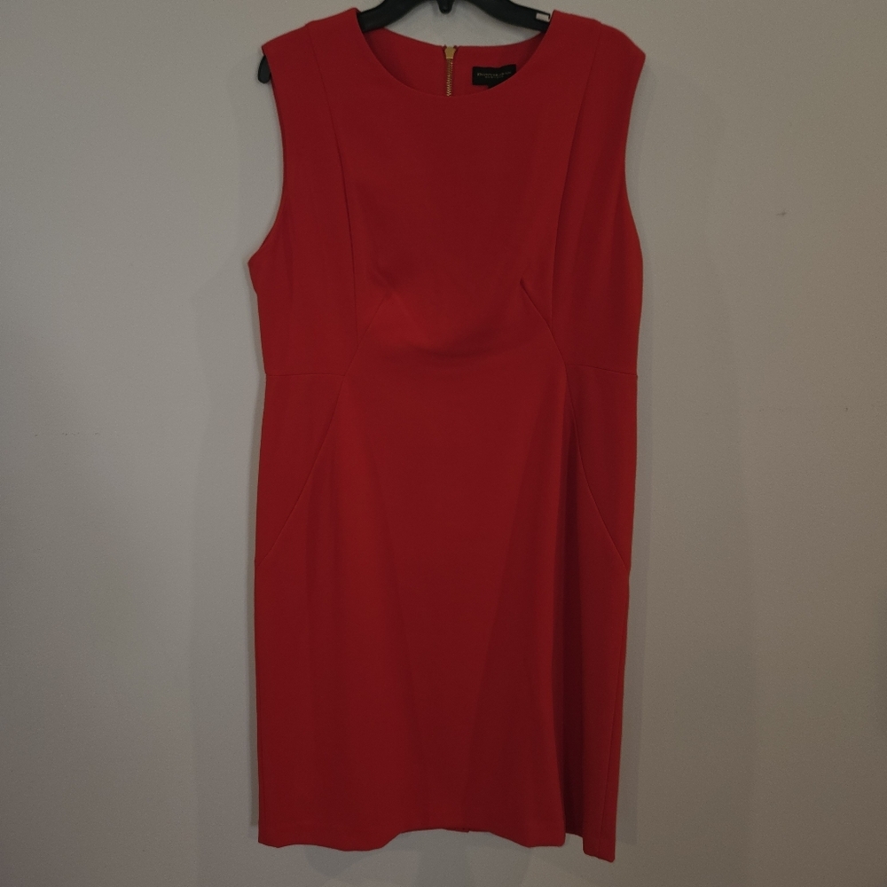 Donna Karan NY Sleeveless Sheath Dress: Red W/Gold Zipper: Size- 14